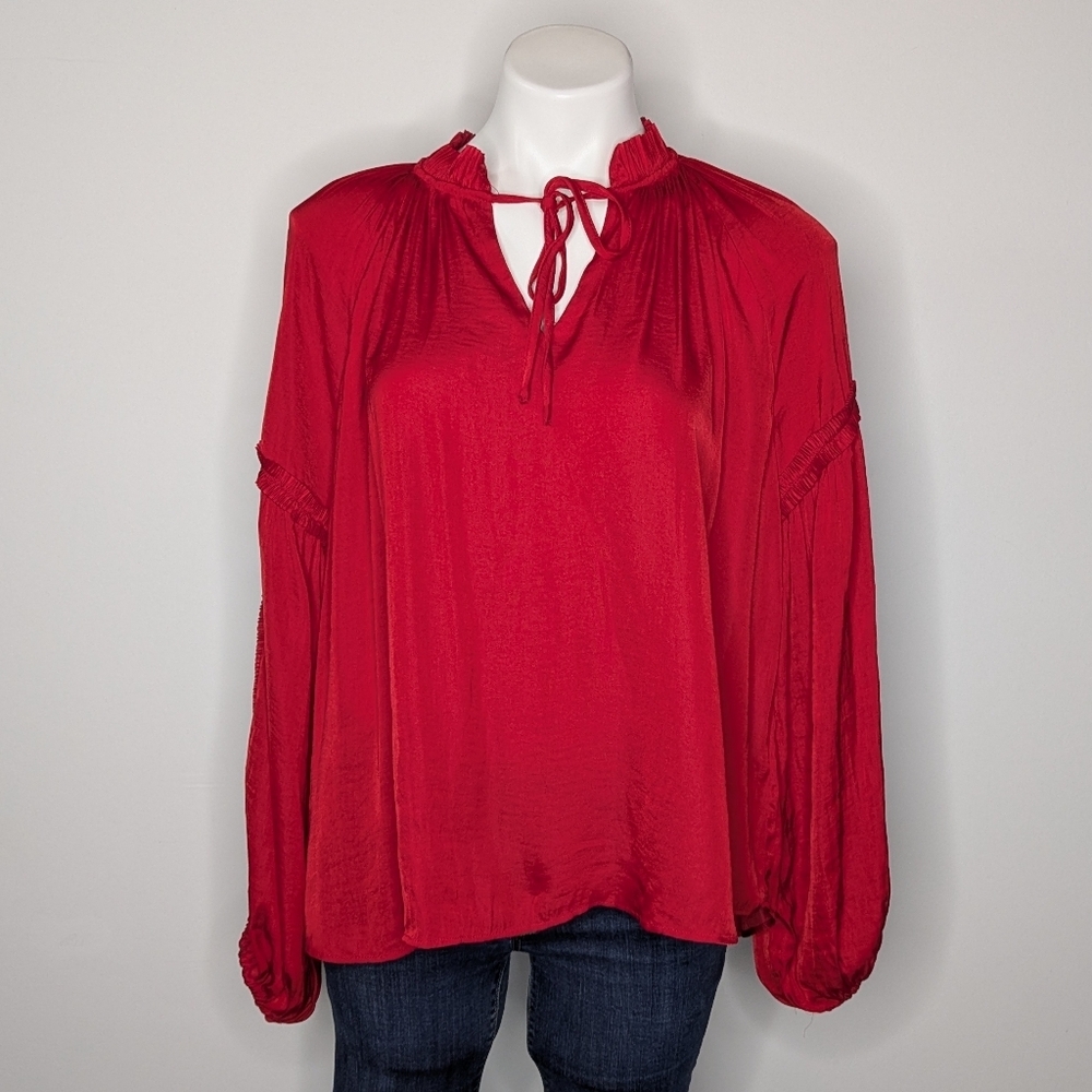 NWT Gemma + Jane Red Tie Neck Ruffle Accent Long Sleeve Blouse M